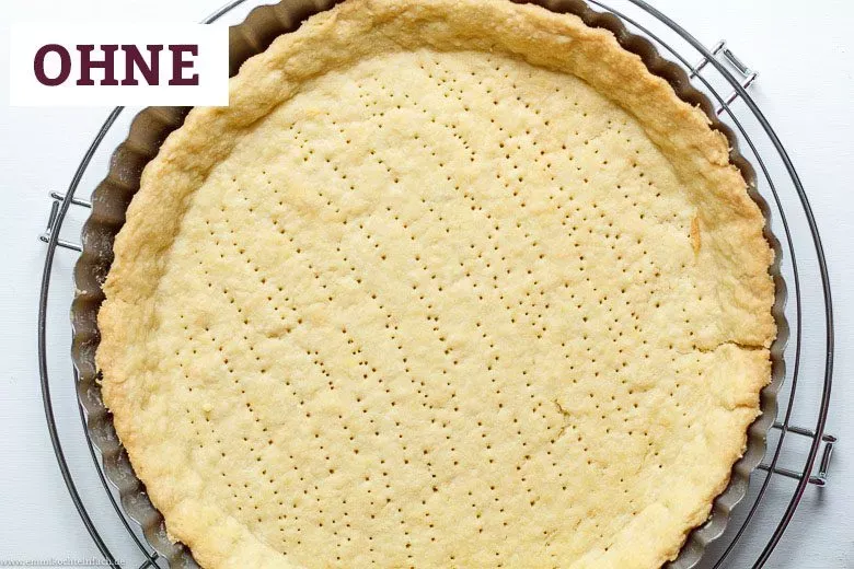 Quiche Teig ohne Hülsenfrüchte gebacken: Rand fällt ein und Teig bläht sich auf.