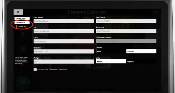 Registrierungsbildschirm zur Erstellung einer neuen xID auf einer Matrix Fitness Konsole.