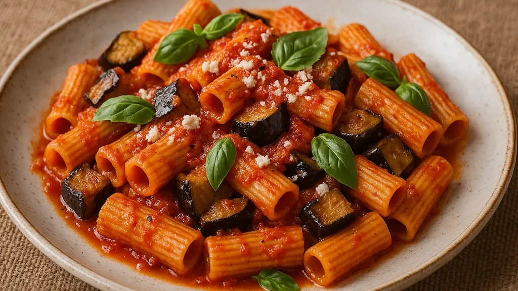 Rigatoni alla Norma mit gebratenen Auberginen, Tomaten und Ricotta Salata, frisch serviert.