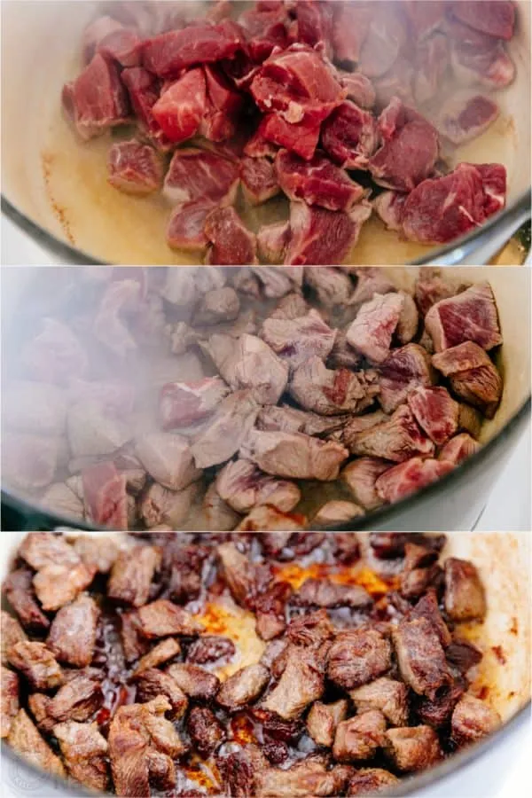 Rindfleisch wird in einem Gusseisentopf bei hoher Hitze scharf angebraten, um eine goldbraune Kruste und intensive Aromen zu entwickeln