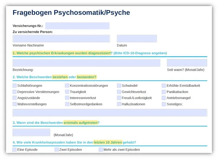 Risikolebensversicherung Hannoversche Fragebogen Psychosomatik Psyche