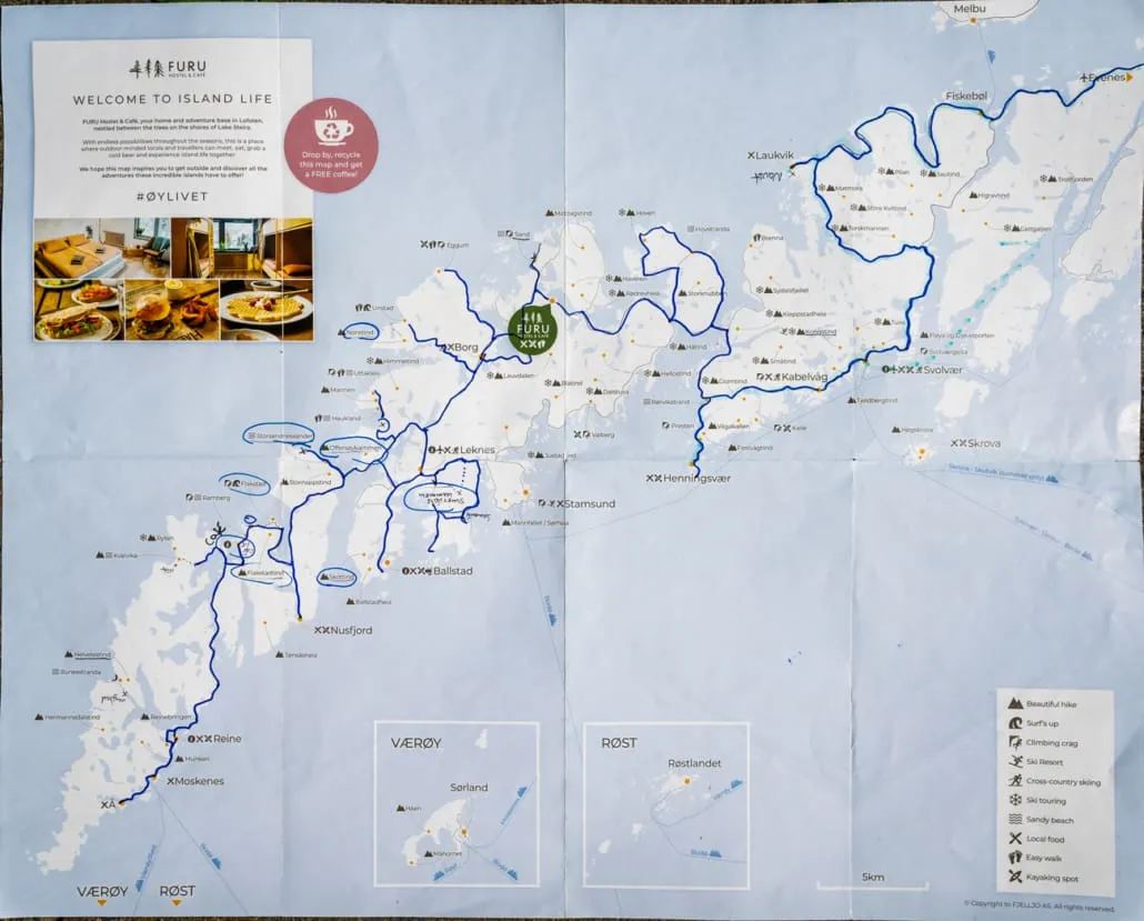 Roadtrip Route auf den Lofoten, mit eingezeichneten Wegen von Nord nach Süd