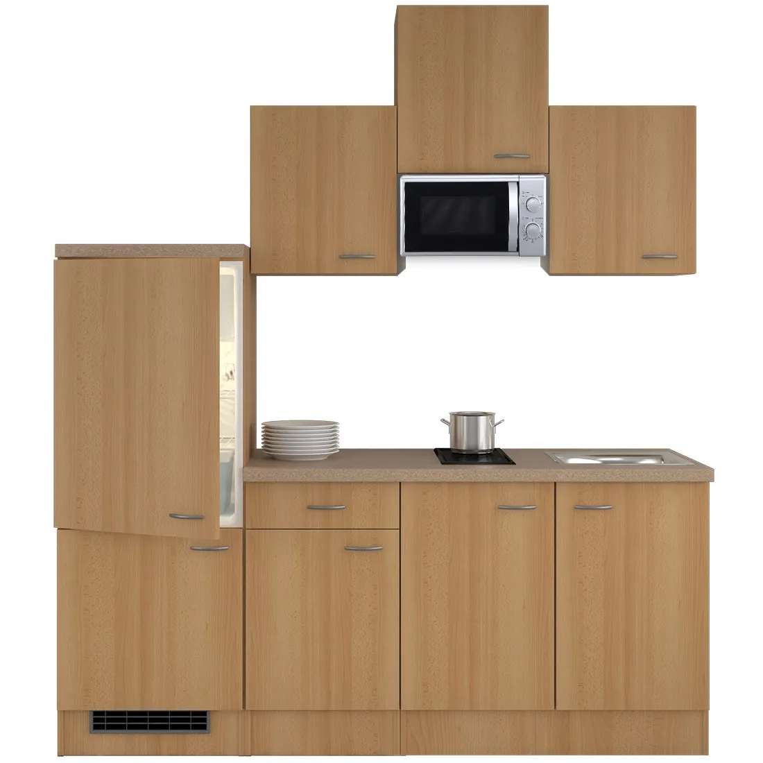 Robuste Buche-Einbauküche Namu 210 cm mit Mikrowelle und Kühlschrank