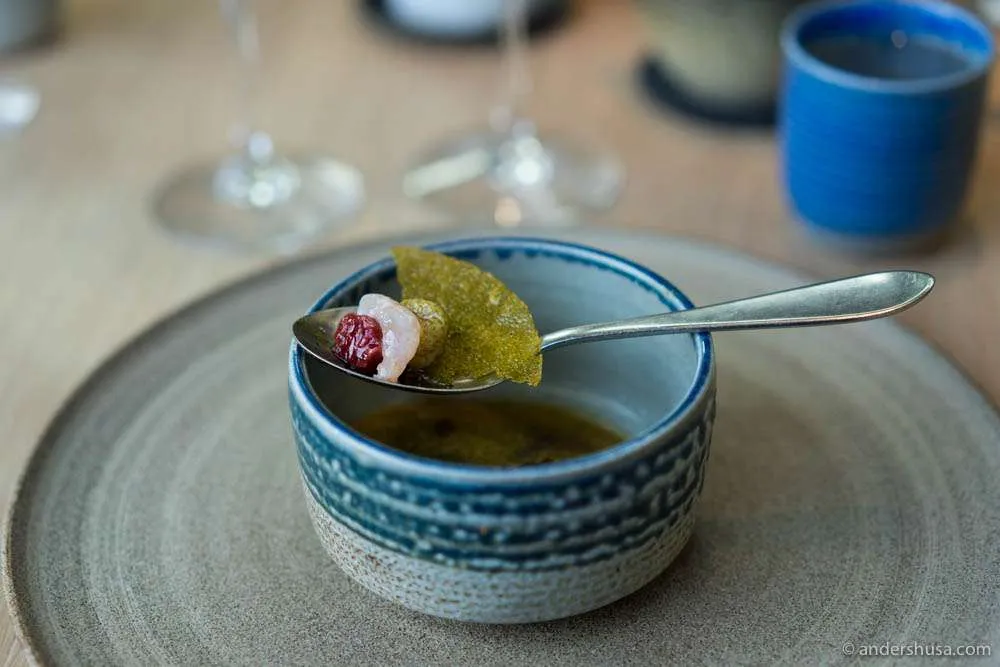 Rohe norwegische Garnelen mit grünen Erdbeeren, getrockneten Tomaten und roten Stachelbeeren in einer säuerlichen Brühe mit einem knusprigen Deckel aus Garnelenbrühe.