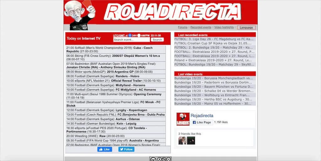 Roja Directa Homepage listet täglich Live-Sportevents auf