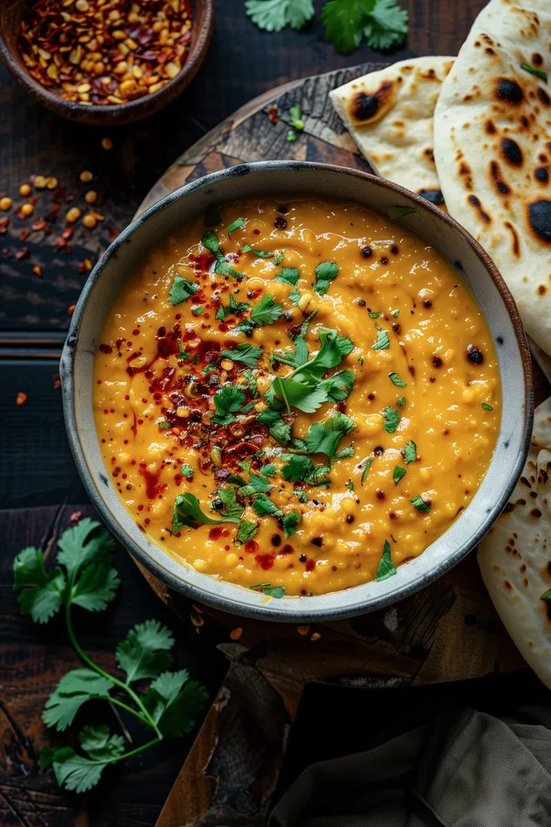 Rote Linsen Dal mit frischen Kräutern in einer Schale