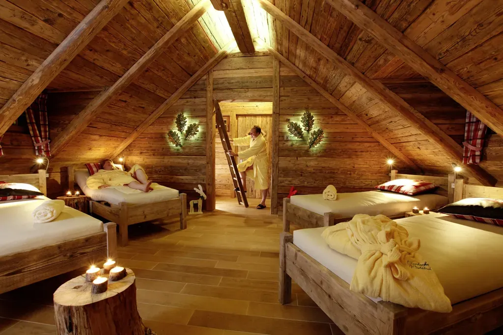 Ruhebereich im Wellness-Baumhaus mit Liegebetten
