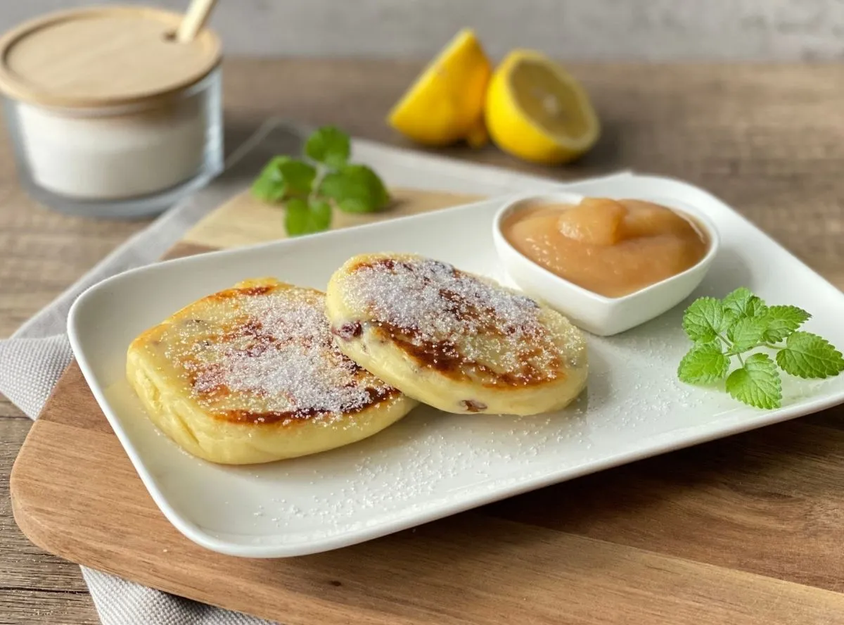 Sächsische Quarkkeulchen mit Puderzucker bestreut, ein traditionelles deutsches Kartoffelgericht