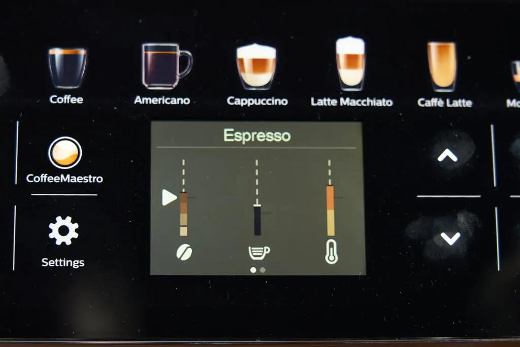 Saeco GranAroma Display mit Einstellungen für Espresso
