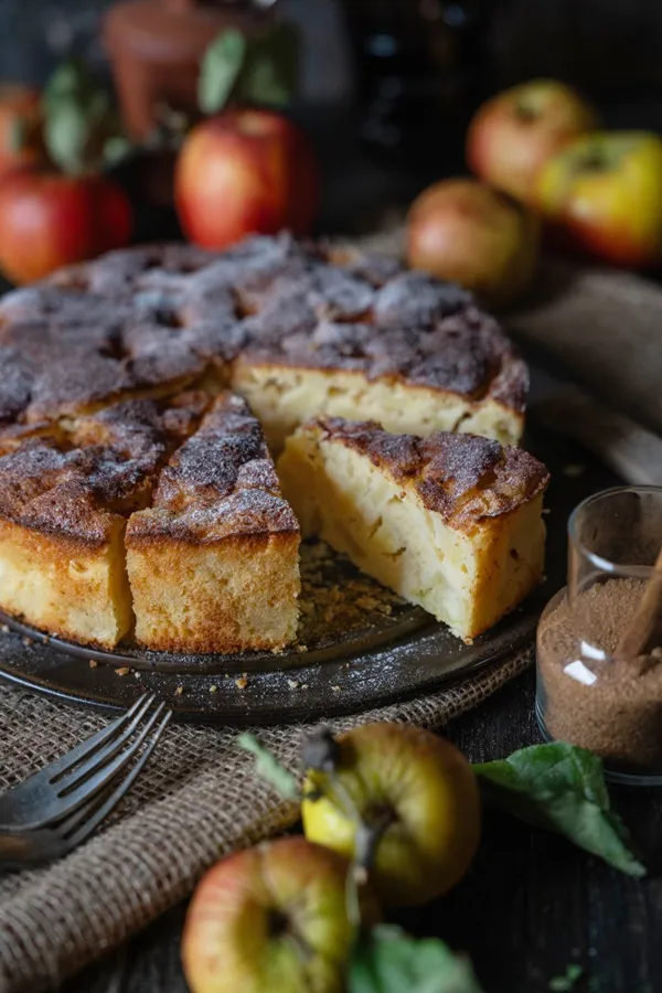 Saftiger Apfelkuchen mit Zimtkruste und einem Stück auf dem Teller