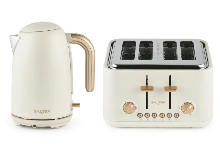 Salter Pebble Wasserkocher und 4-Schlitz-Toaster Set in Creme mit Kupferakzenten