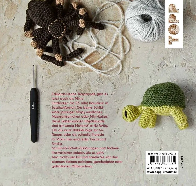 Sammlung von niedlichen gehäkelten mini haustieren, darunter ein Mops und ein Meerschweinchen, aus Edwards Tierparade