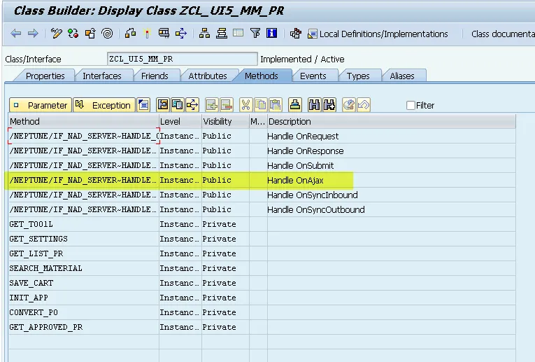 SAP Class Builder (SE24) mit der Methode HANDLE_ONAJAX zur Anbindung von Neptune Apps an ABAP-Logik