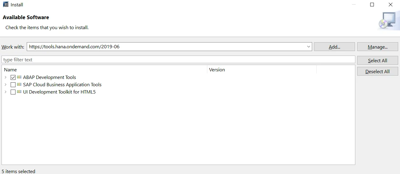 SAP HANA Studio ABAP Development Tools Auswahl