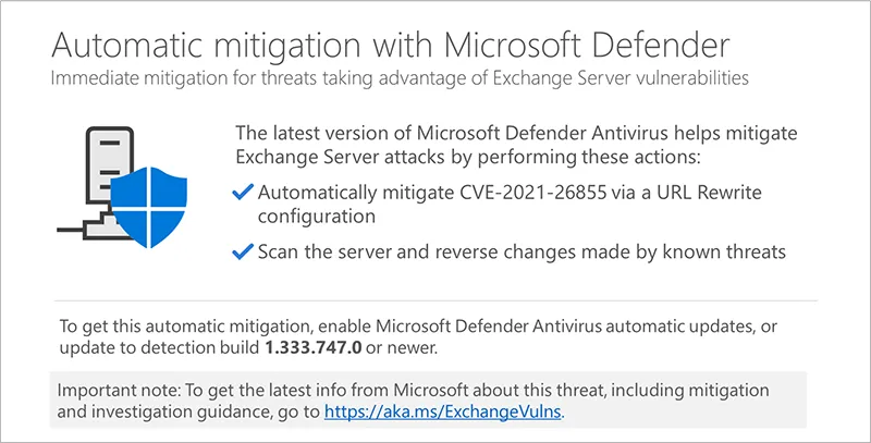 Schematische Darstellung der automatischen Risikominderung durch Microsoft Defender Antivirus im Jahr 2021 auf Exchange Servern