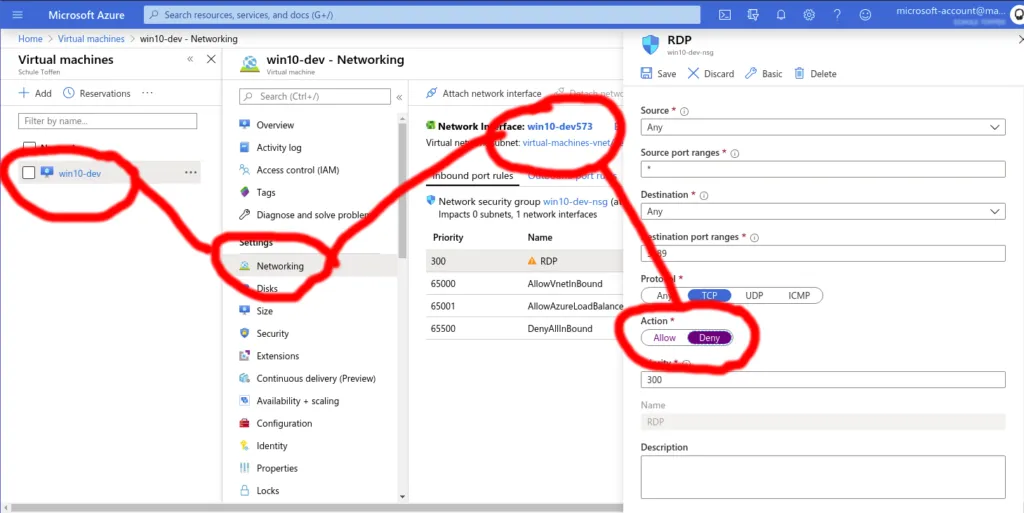 Schließen des RDP-Ports im Netzwerk-Tab des VM-Portals