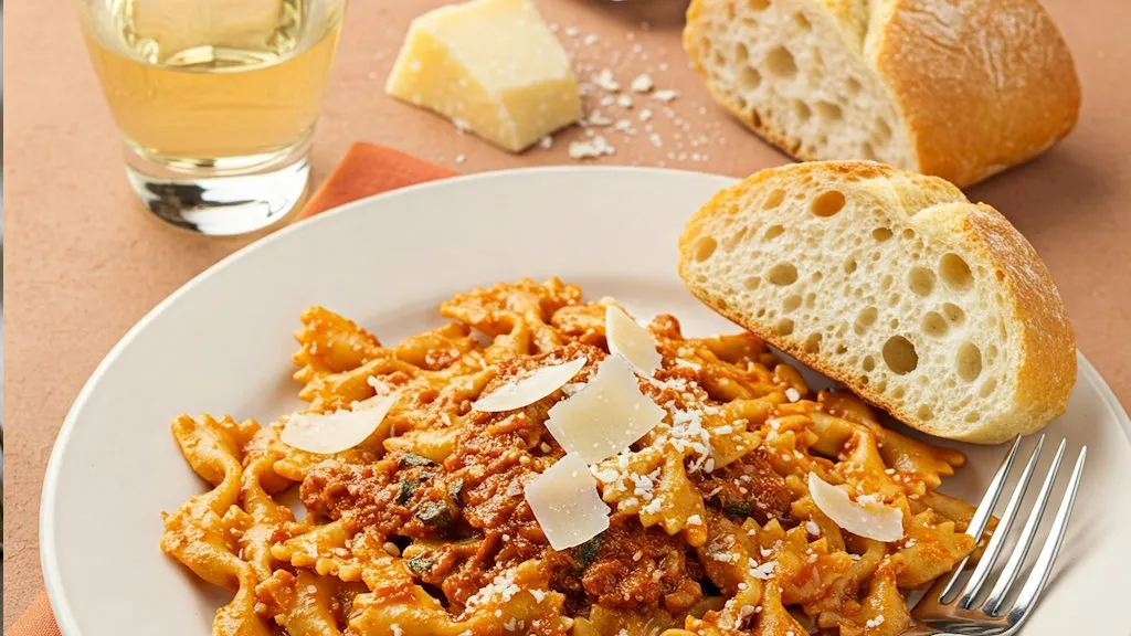 Schmetterlingsnudeln mit rotem Pesto, garniert mit Pecorino-Käse und frischem Basilikum, dazu Ciabatta.