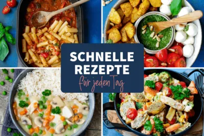 Schnelle Rezepte für jeden Tag Grafik. Alternative Text: Bunte Collage mit verschiedenen schnellen Rezepten für jeden Tag, darunter Hähnchenpfanne, Quinoa-Bowl und Nudelgerichte, präsentiert als Inspiration für ein gesundes Mittagessen.