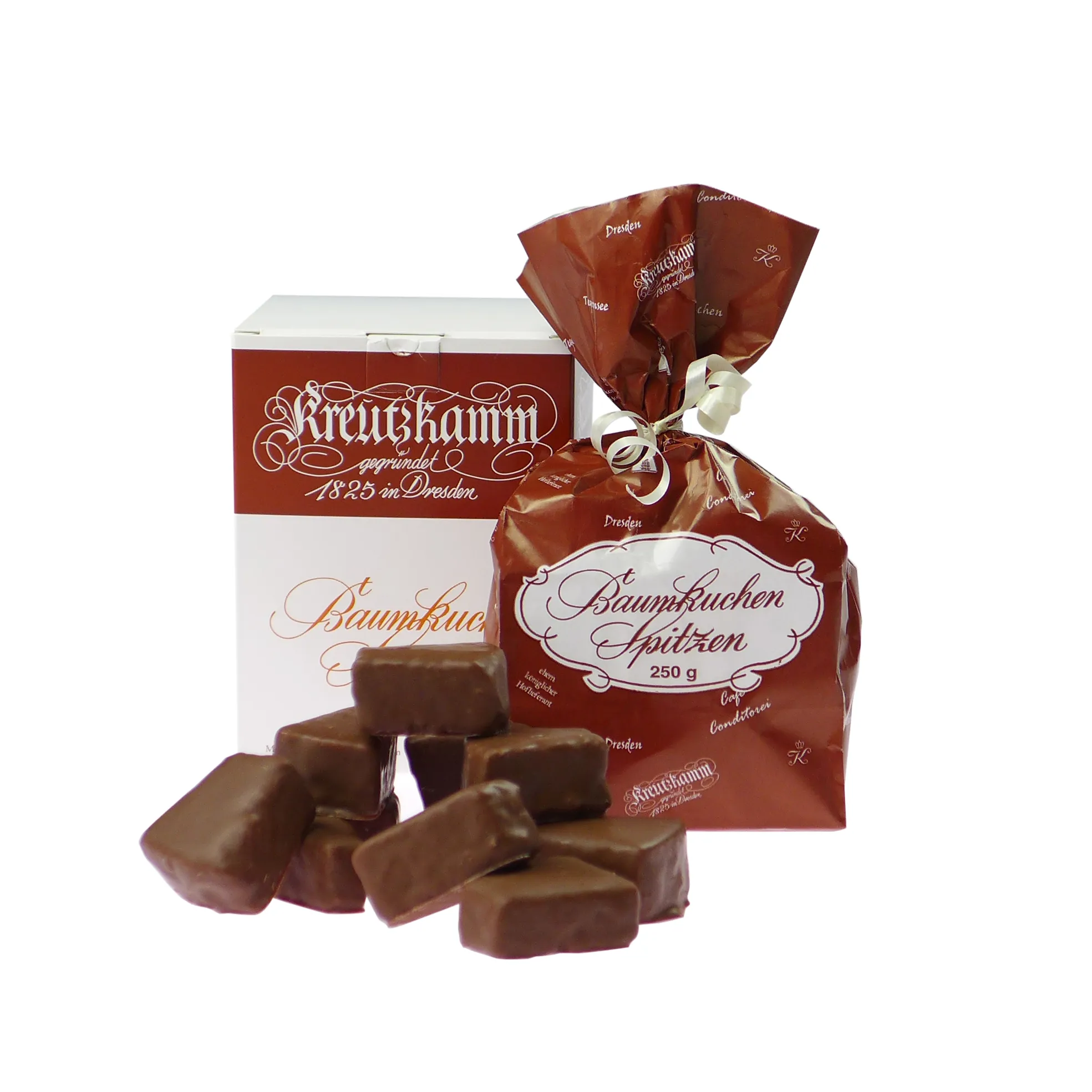 Schokoladenüberzogene Baumkuchenspitzen, ein traditionelles deutsches Gebäck, das oft zusammen mit spezial torten bestellt wird.