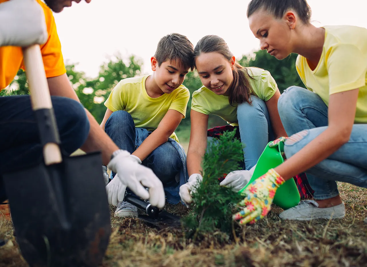 Schüler pflanzen gemeinsam mit einer Lehrerin einen Baum.