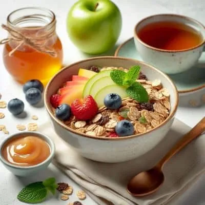 Schüssel mit Basischem Protein Müsli, garniert mit frischen Früchten und Nüssen, für einen gesunden Start