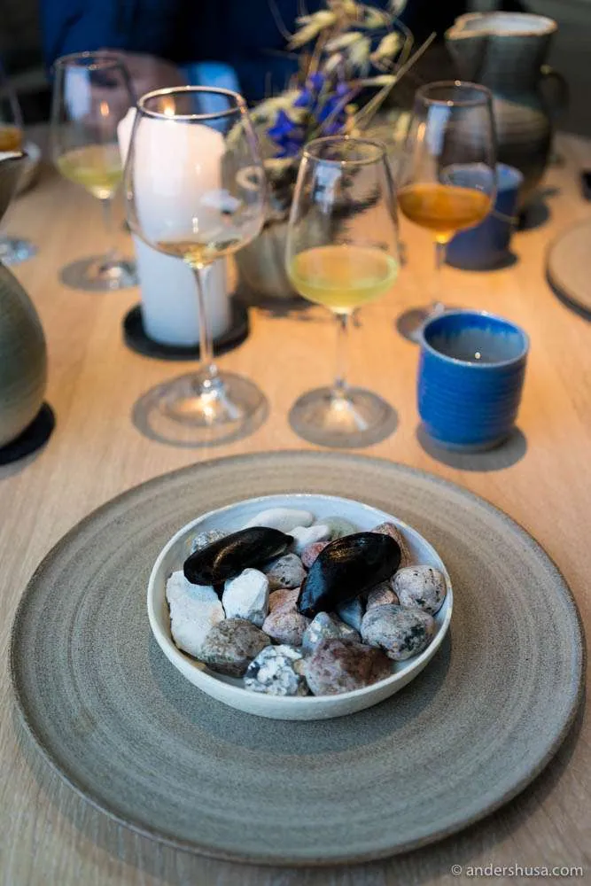 Schwarze, fermentierte Birnenschalen mit Seetangeis, Rote Bete, getrockneten Aronia-Beeren und Lakritzsauce