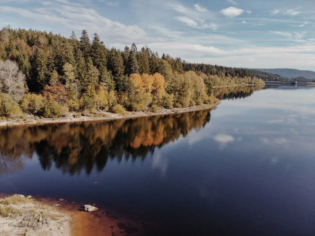Schwarzenbach-Talsperre mit bewaldeten Ufern und blauem Wasser