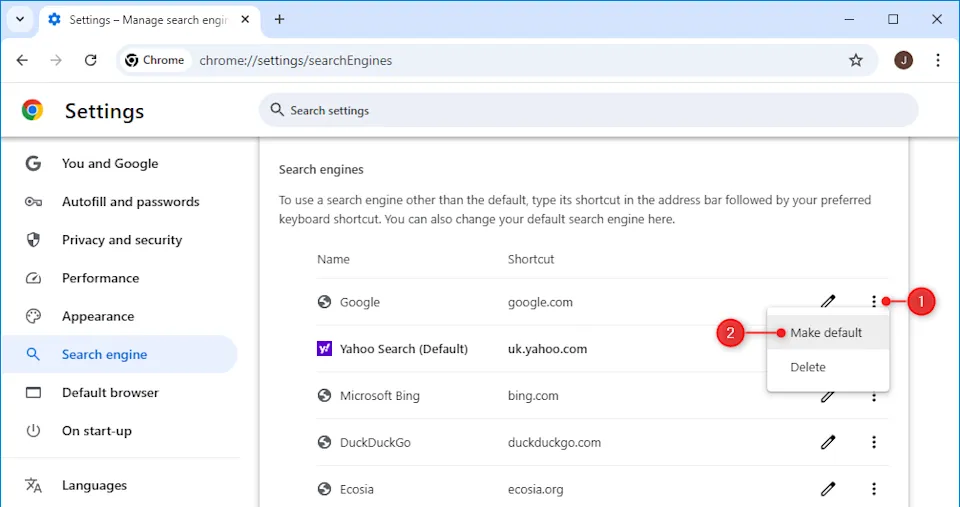 Screenshot: Auswahl einer neuen Standard-Suchmaschine in Google Chrome auf dem Desktop