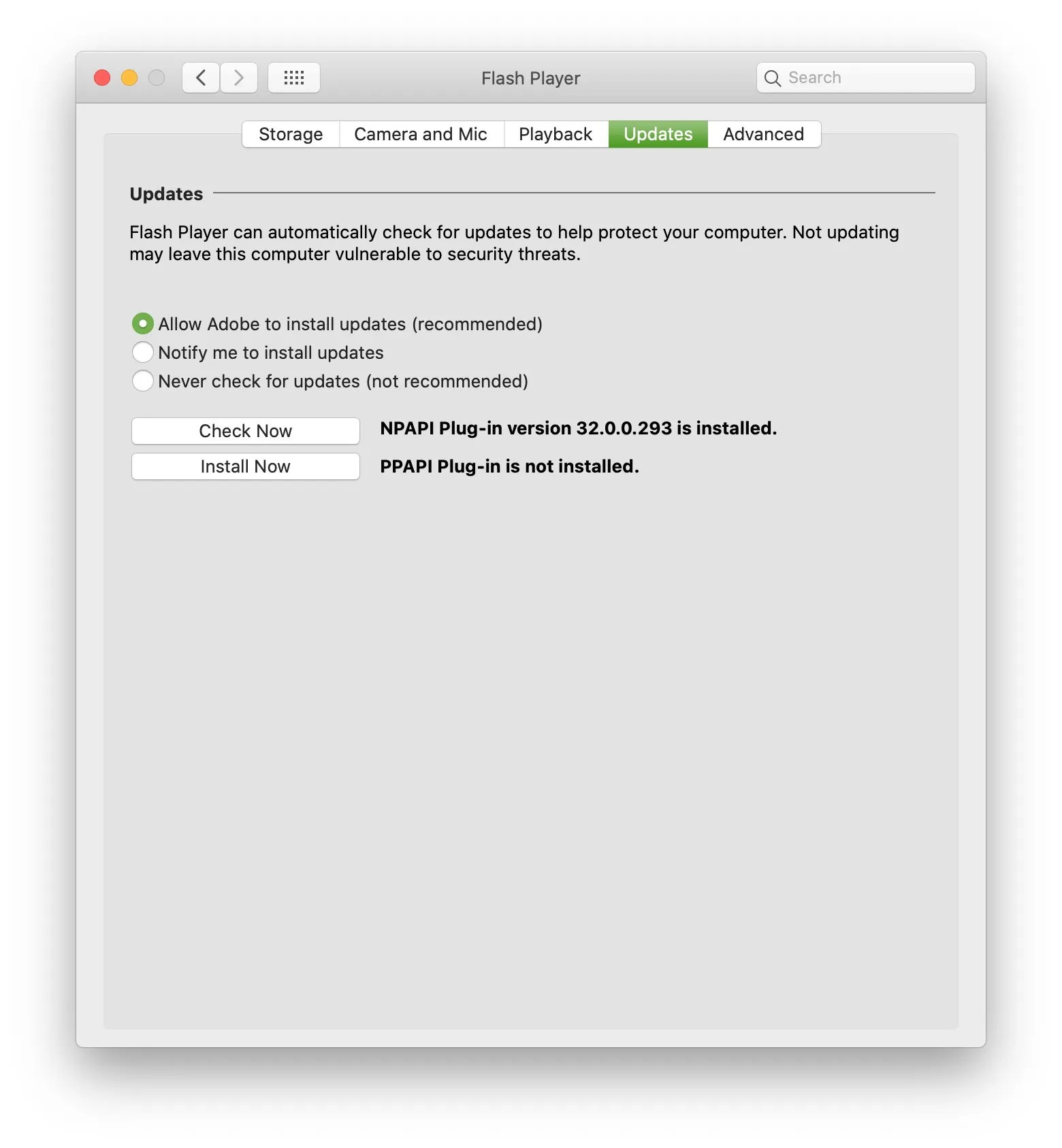 Screenshot der Adobe Flash Player Einstellungen in Safari