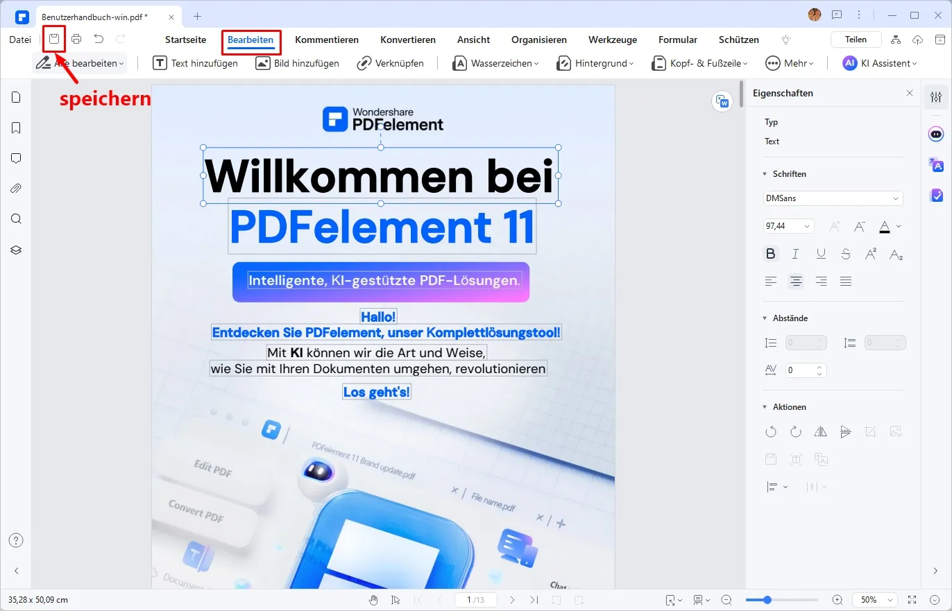 Screenshot der Bearbeitungs- und Speicheroptionen in PDFelement nach dem Scan