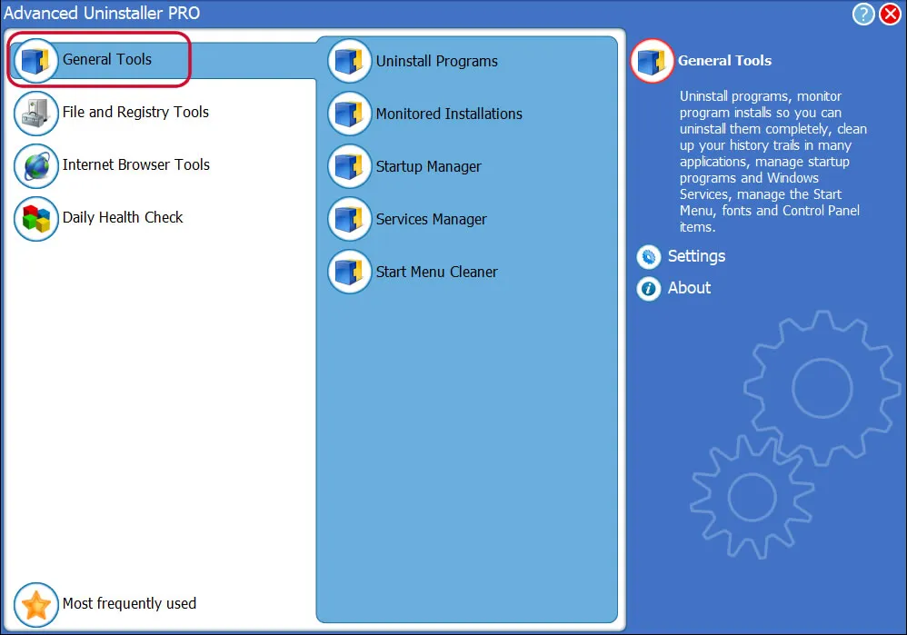 Screenshot der Benutzeroberfläche von Advanced Uninstaller PRO mit hervorgehobener Schaltfläche "General Tools" zur Systemoptimierung