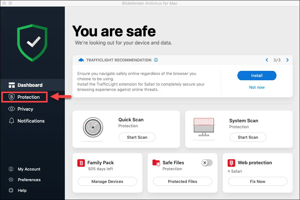 Screenshot der Bitdefender Antivirus für Mac Oberfläche, der den Reiter "Schutz" hervorhebt