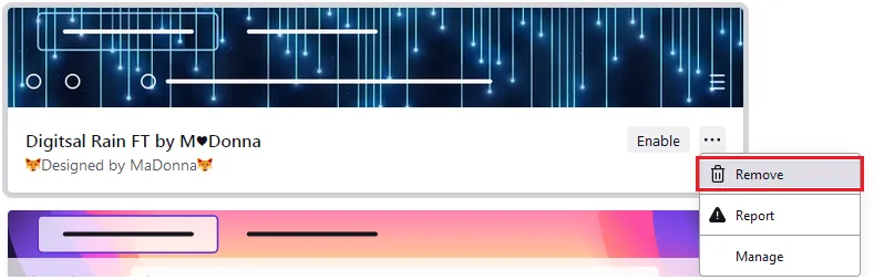 Screenshot, der das Entfernen eines Firefox-Themes über das Drei-Punkte-Menü zeigt