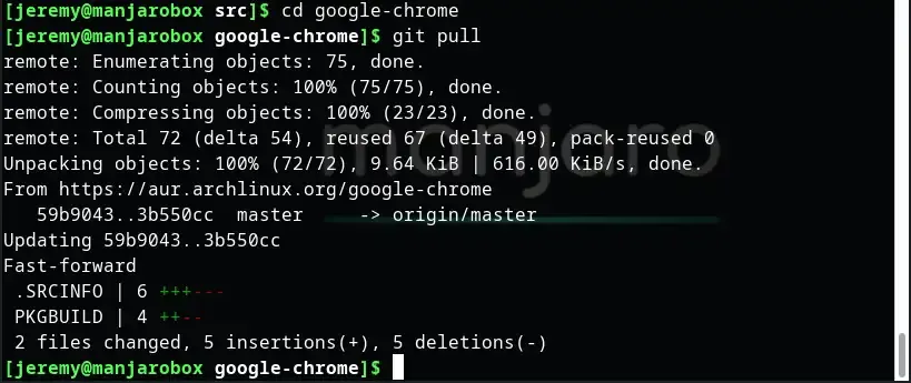 Screenshot, der den Aktualisierungsprozess von Google Chrome im Terminal zeigt