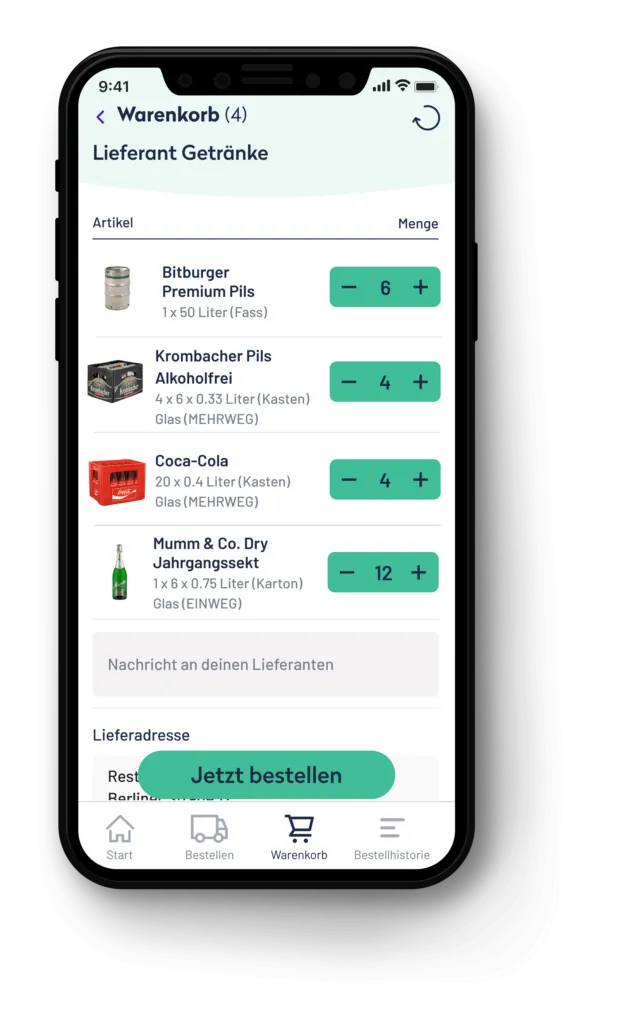 Screenshot der kollex App auf einem Smartphone, die den Warenkorb mit verschiedenen Getränken und Preisen anzeigt