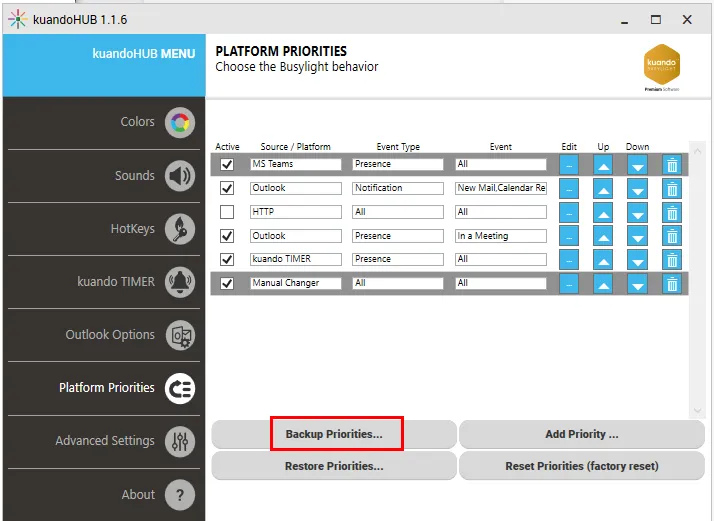 Screenshot der kuandoHUB Software mit verschiedenen Einstellungsoptionen