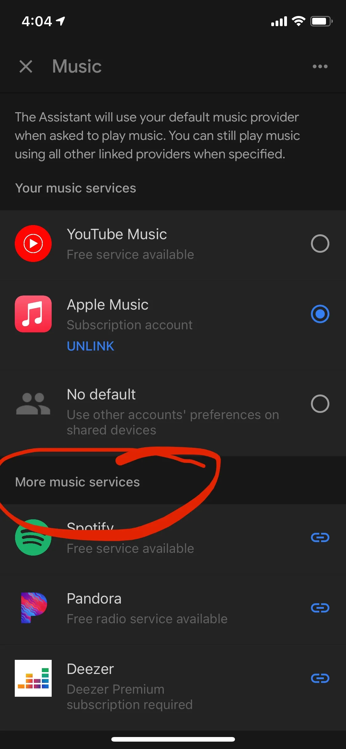 Screenshot der Musikanbieter in der Google Home App, iTunes ist ausgewählt