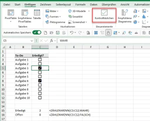 Screenshot der neuen interaktiven Kontrollkästchen, die direkt in Excel-Zellen eingefügt werden können, ideal für Aufgabenlisten und Checklisten in neuen Excel Funktionen.
