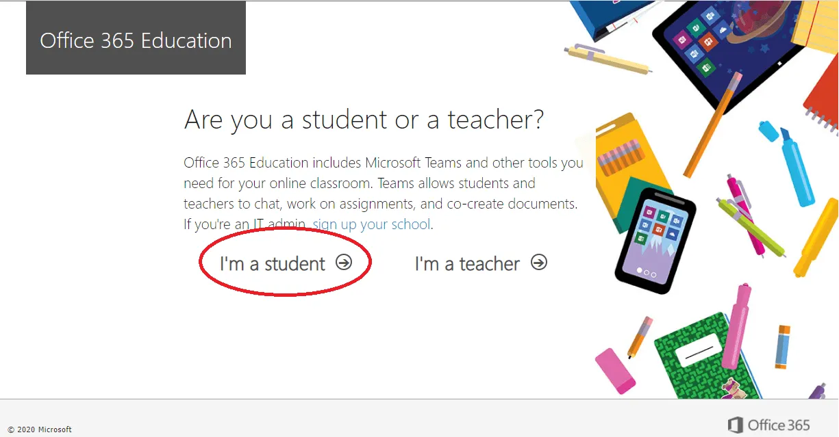 Screenshot der Office 365 Anmeldeseite mit hervorgehobener Option 'Ich bin ein Student'