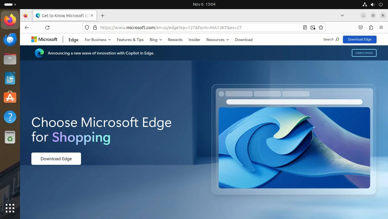 Screenshot der offiziellen Microsoft Edge Downloadseite für Linux mit der Option zum Herunterladen des DEB-Pakets