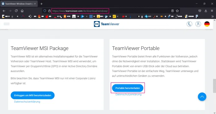 Screenshot der offiziellen TeamViewer Download-Seite für Windows, hervorgehoben ist der Bereich zum Herunterladen der portablen Version ohne Installation.