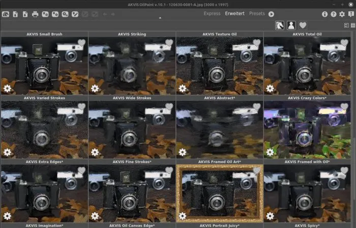 Screenshot der Preset-Ansicht in AKVIS OilPaint, die eine Galerie von Vorschau-Bildern für verschiedene Ölgemälde-Stile zeigt