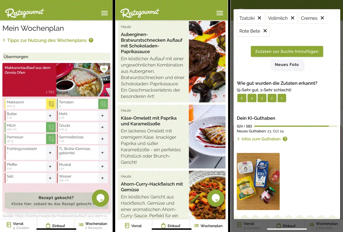 Screenshot der Restegourmet App mit Wochenplaner, digitalem Kochbuch und der Funktion zur Zutatenerkennung per Foto