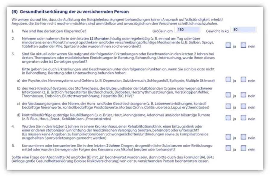 Screenshot der vereinfachten Gesundheitsfragen der Baloise Risikolebensversicherung mit Fokus auf Vorerkrankungen.