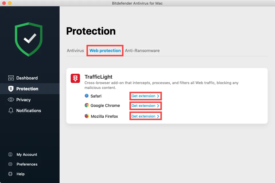 Screenshot des Bitdefender Web-Schutz-Fensters mit den Optionen &quot;Erweiterung holen&quot; für Safari, Chrome und Firefox zur Installation von TrafficLight