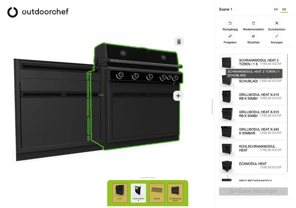 Screenshot des HEAT Outdoorküchen-Konfigurators mit 3D-Ansicht einer modularen Gartenküche