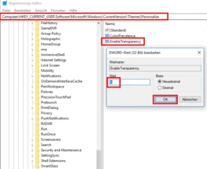 Screenshot des Registry-Editors mit dem Pfad für Transparenzeinstellungen