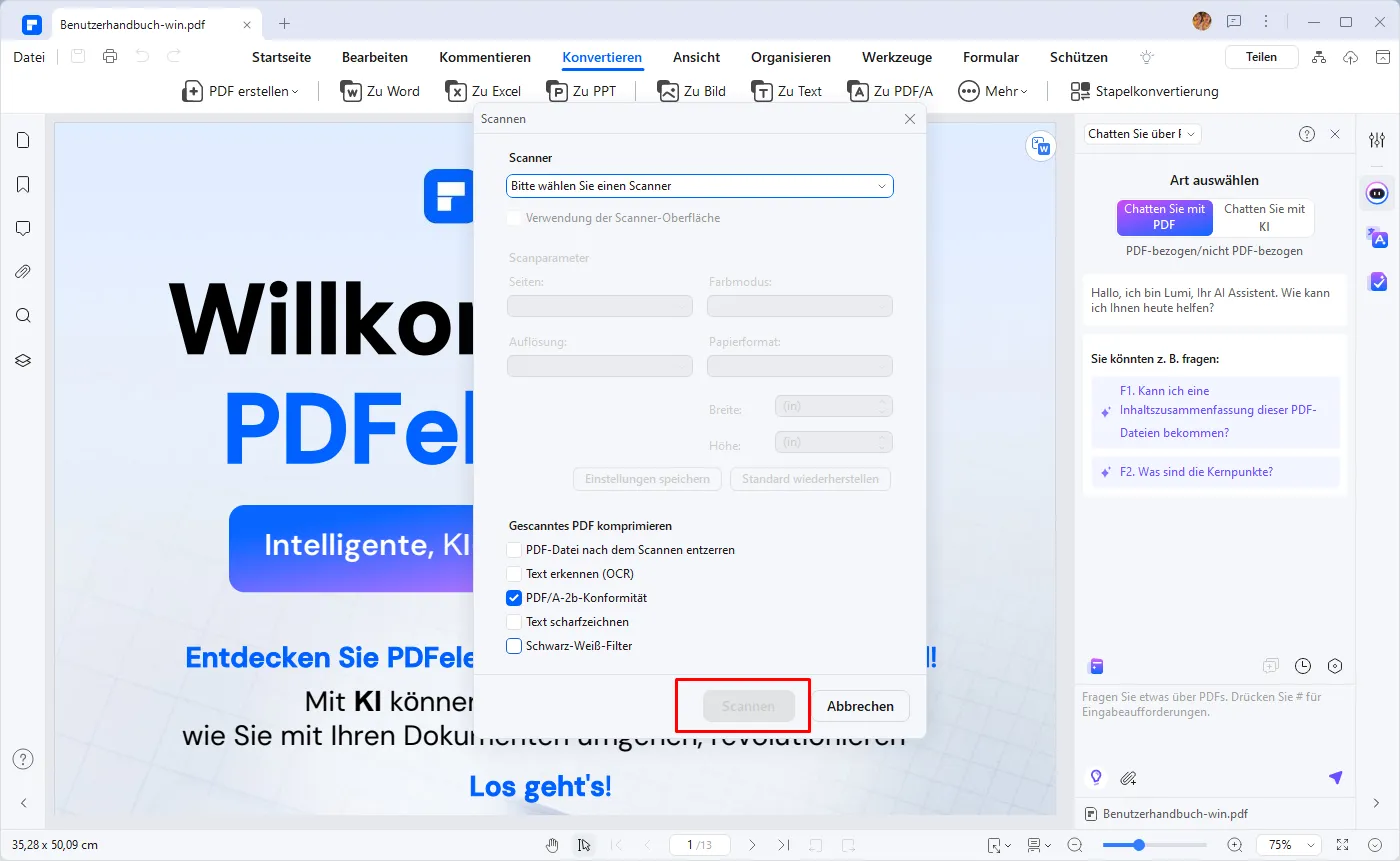 Screenshot des Scan-Dialogfensters in PDFelement mit Scanner-Einstellungen