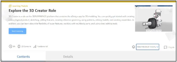 Screenshot des zweiten Lernmoduls 'Explore 3D Creator Role' auf der 3DEXPERIENCE Edu SPACE Plattform.