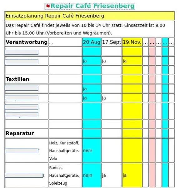 Screenshot einer Cryptpad-Tabelle im RichText-Format, optimiert für mobile Ansicht, zeigt die Anmeldung zu einem Repair Café.